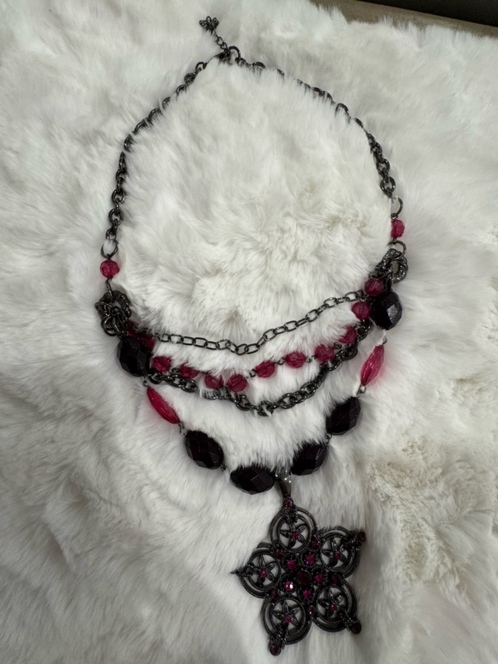 Statement Gunmetal Necklace with Dark Pink Beads